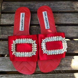 Karl Lagerfeld Red Crystal-Embellished Satin Slide Sandals